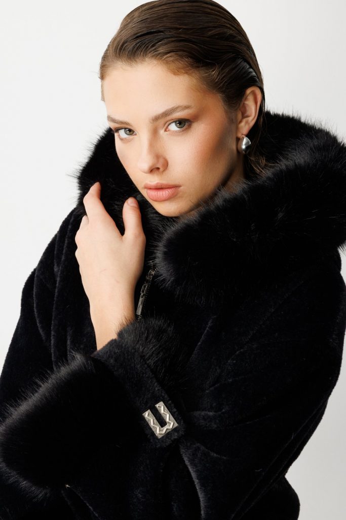 EKOL Kürk Detaylı Uzun Peluş Mont 6031 - Siyah