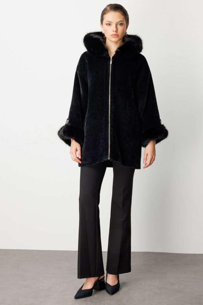 EKOL Kürk Detaylı Uzun Peluş Mont 6031 - Siyah