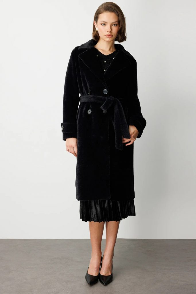 EKOL Beli Kuşaklı Peluş Kaban 6033 - Siyah