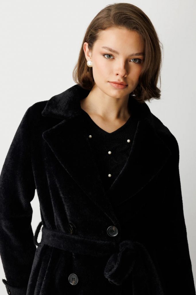 EKOL Beli Kuşaklı Peluş Kaban 6033 - Siyah