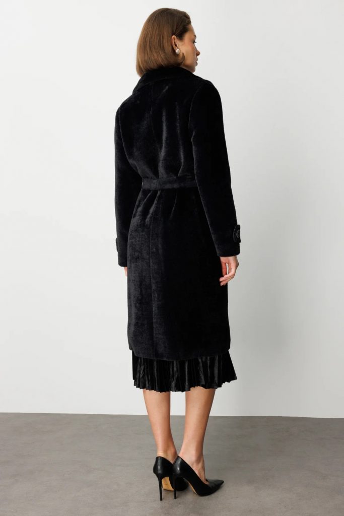 EKOL Beli Kuşaklı Peluş Kaban 6033 - Siyah