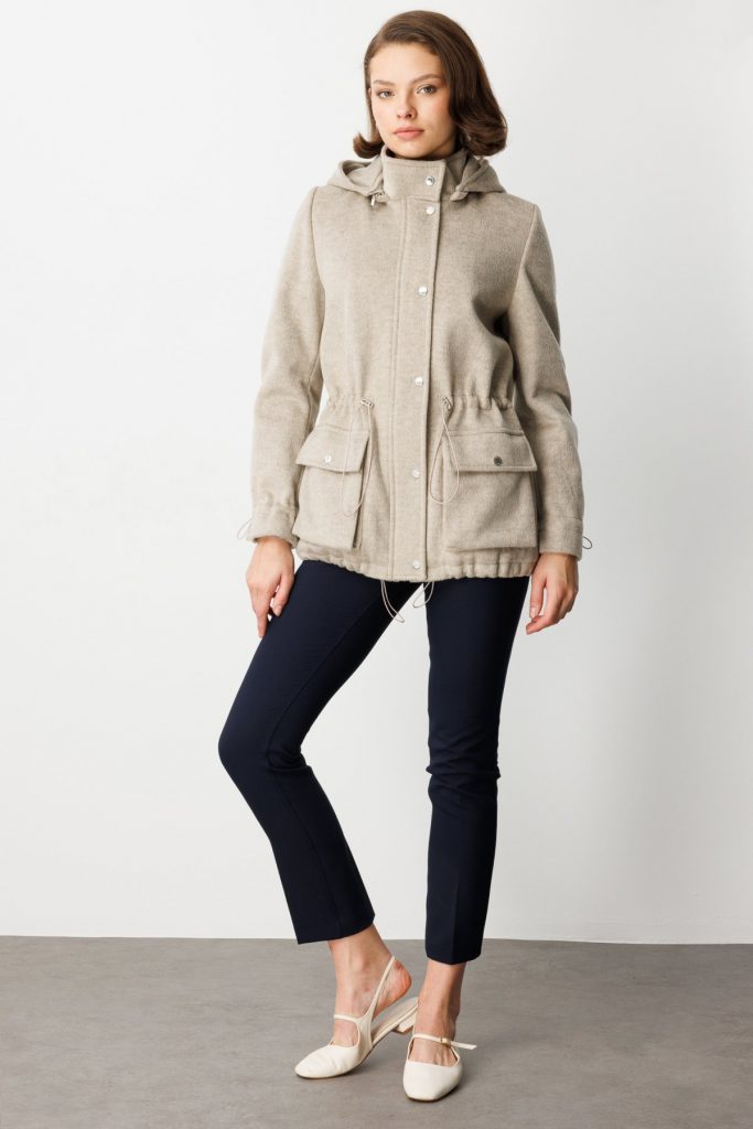 EKOL Kapüşonlu Kapak Cepli Kaşe Mont 6041 - VİZON