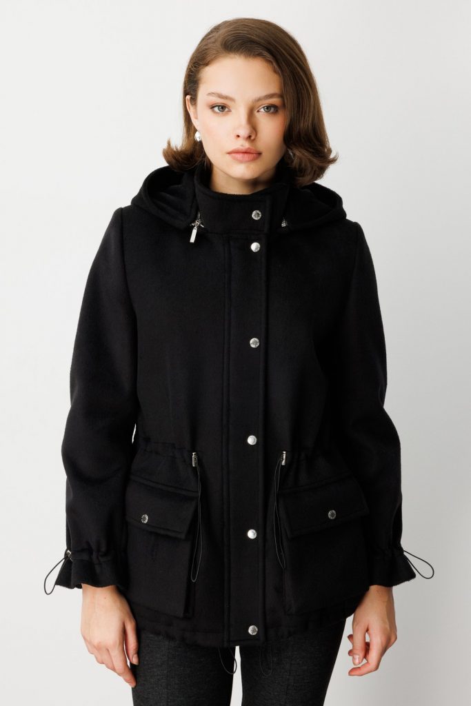 EKOL Kapüşonlu Kapak Cepli Kaşe Mont 6041 - Siyah