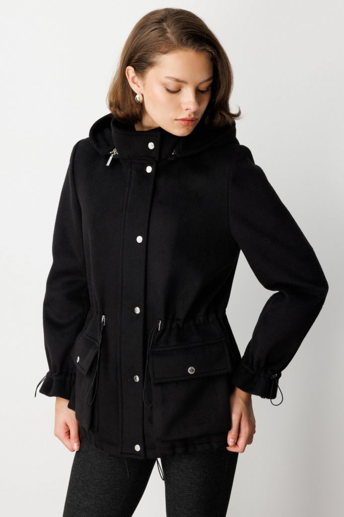 EKOL Kapüşonlu Kapak Cepli Kaşe Mont 6041 - Siyah