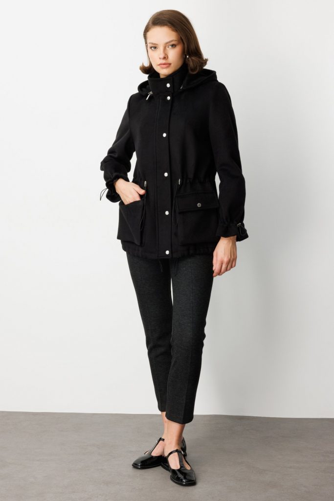 EKOL Kapüşonlu Kapak Cepli Kaşe Mont 6041 - Siyah