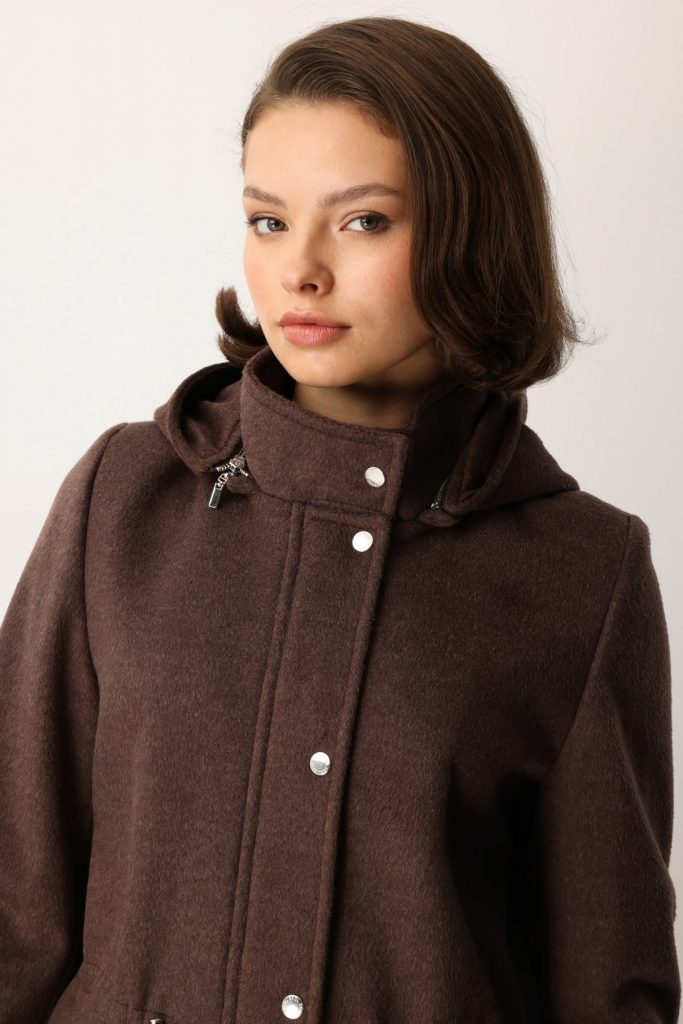 EKOL Kapüşonlu Kapak Cepli Kaşe Mont 6041 - kahve