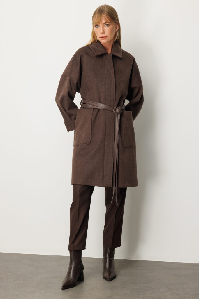 EKOL Kemer Detaylı Kaşe Kaban 6045 - kahve