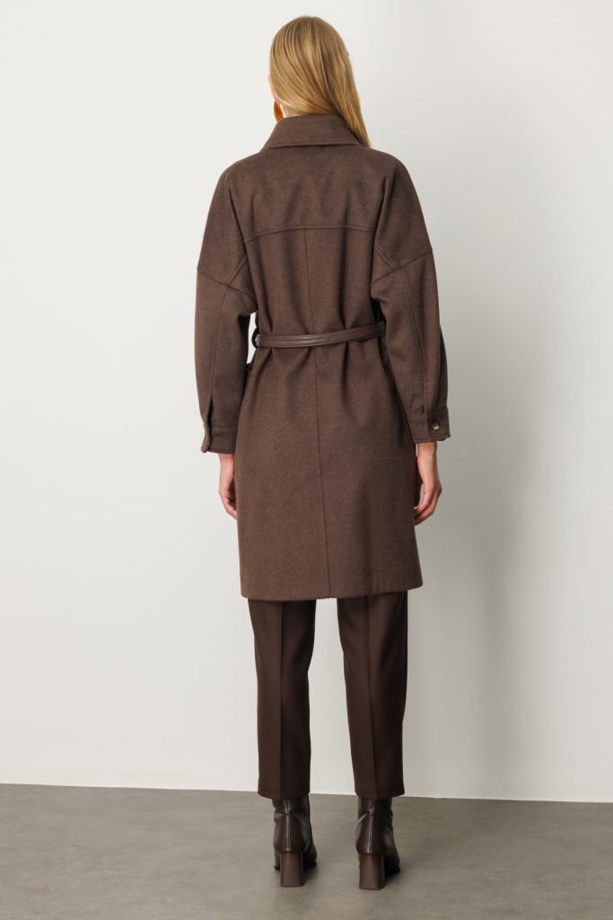 EKOL Kemer Detaylı Kaşe Kaban 6045 - kahve