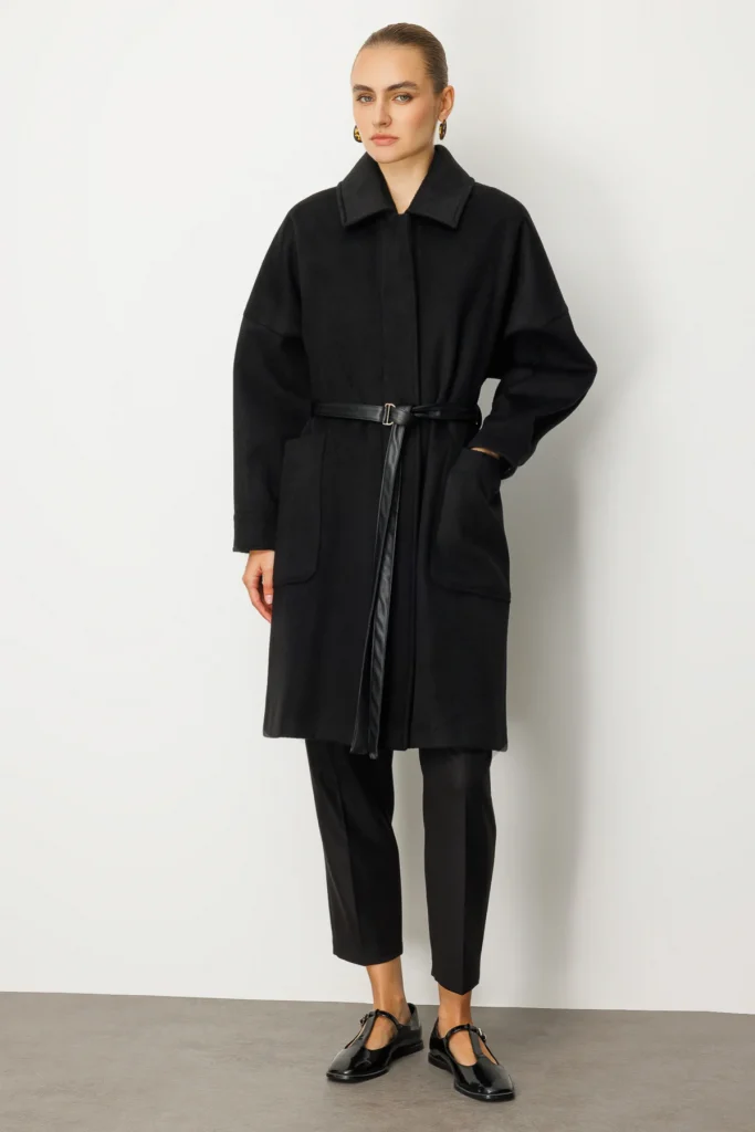 EKOL Kemer Detaylı Kaşe Kaban 6045 - Siyah