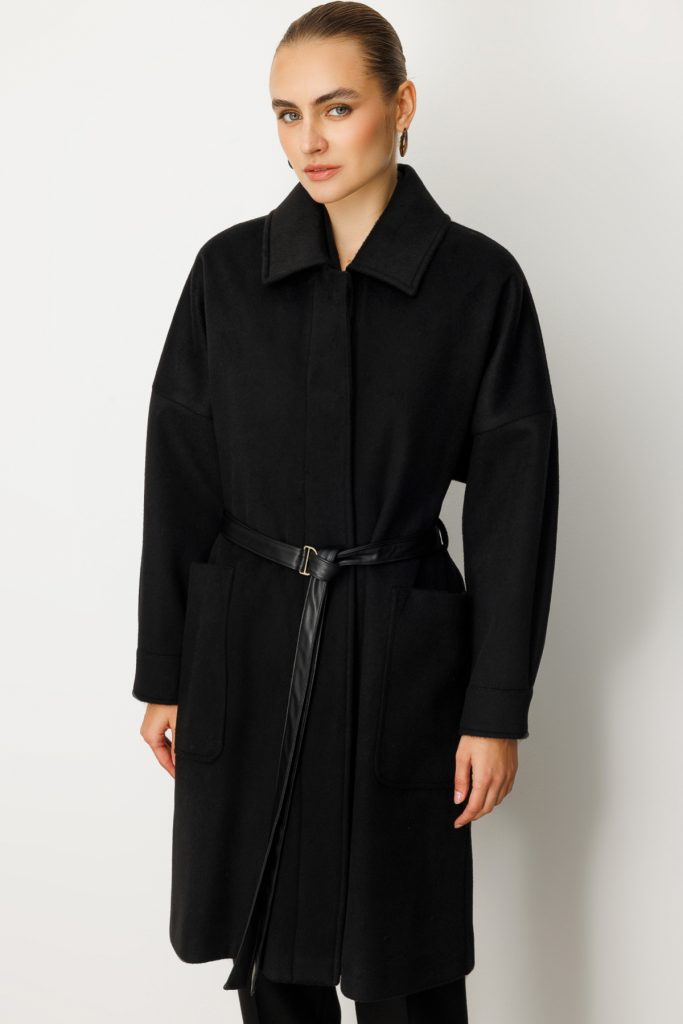 EKOL Kemer Detaylı Kaşe Kaban 6045 - Siyah