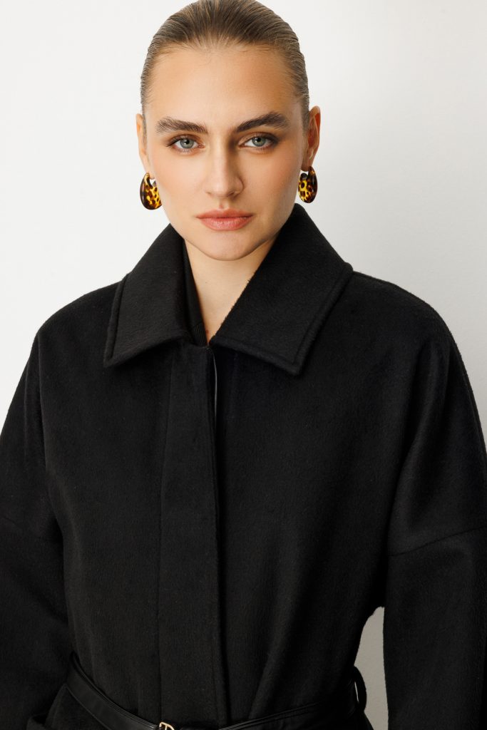 EKOL Kemer Detaylı Kaşe Kaban 6045 - Siyah