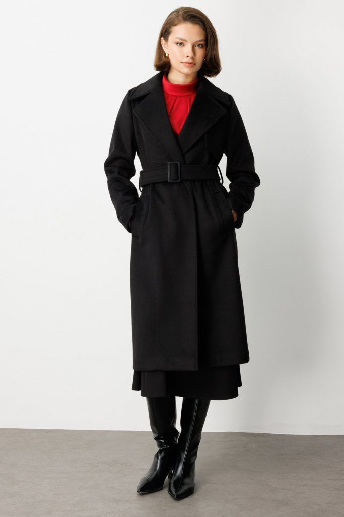 EKOL Beli Kuşaklı Kruvaze Kaşe Kaban 6053 - Siyah