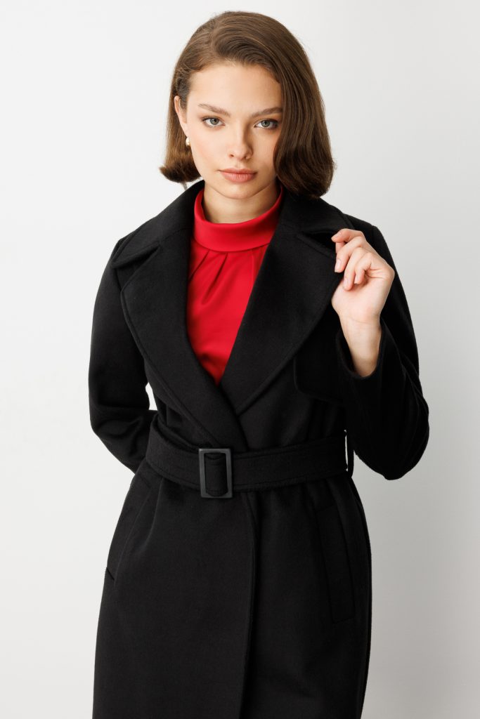 EKOL Beli Kuşaklı Kruvaze Kaşe Kaban 6053 - Siyah