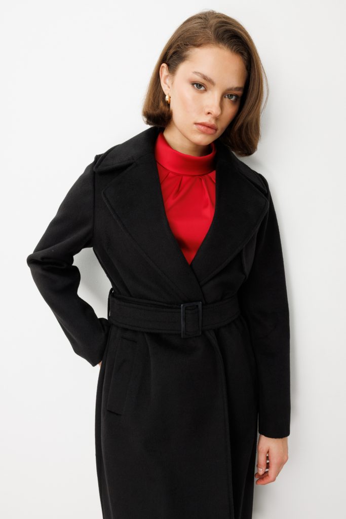 EKOL Beli Kuşaklı Kruvaze Kaşe Kaban 6053 - Siyah