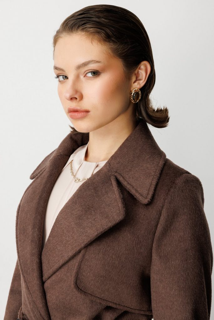 EKOL Beli Kuşaklı Kruvaze Kaşe Kaban 6053 - kahve