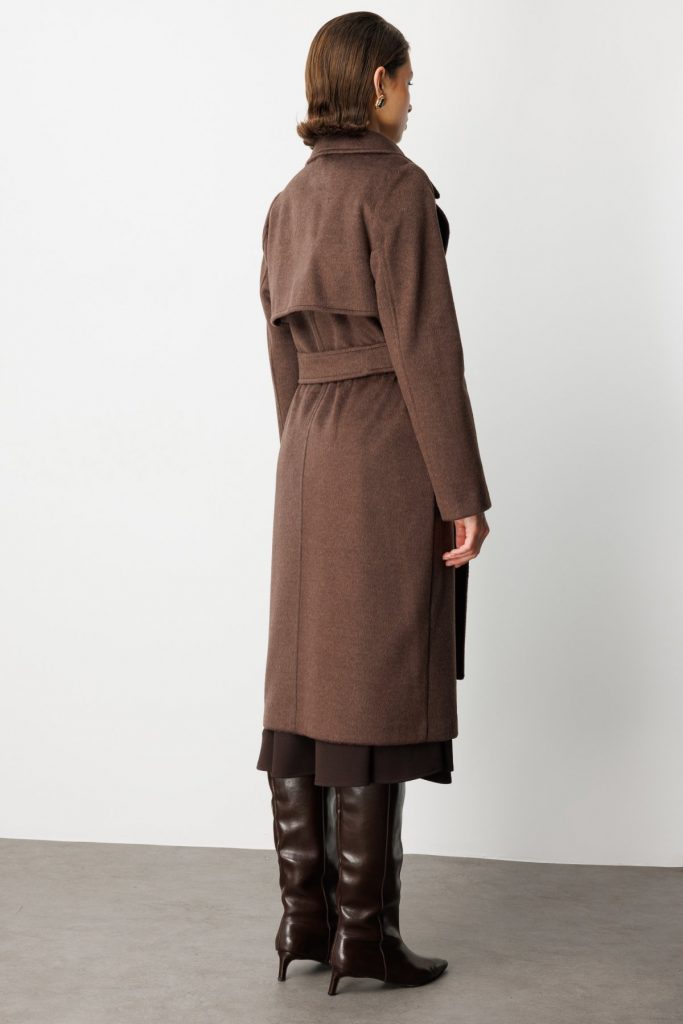 EKOL Beli Kuşaklı Kruvaze Kaşe Kaban 6053 - kahve