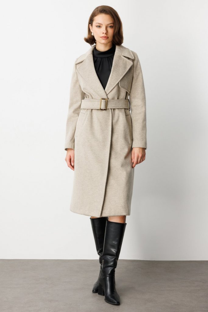 EKOL Beli Kuşaklı Kruvaze Kaşe Kaban 6053 - VİZON