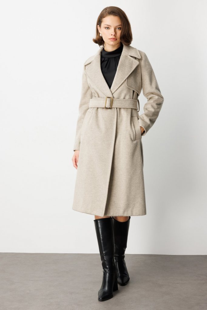 EKOL Beli Kuşaklı Kruvaze Kaşe Kaban 6053 - VİZON