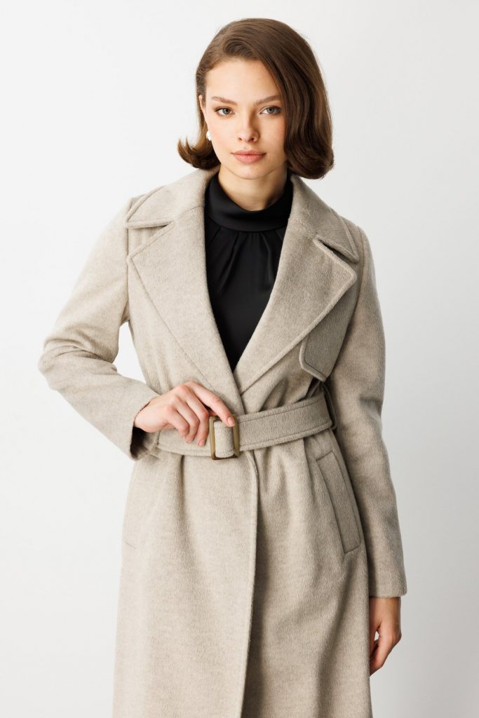 EKOL Beli Kuşaklı Kruvaze Kaşe Kaban 6053 - VİZON