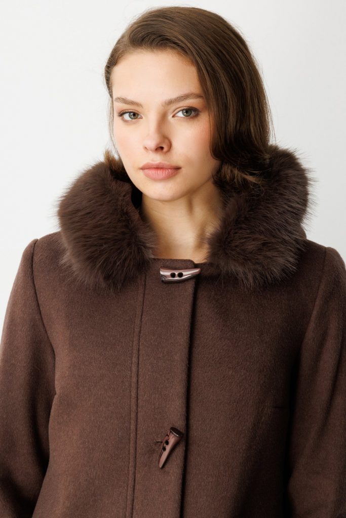 EKOL Yakası Ve Kolları Kürklü Kaşe Kaban 6055 - kahve