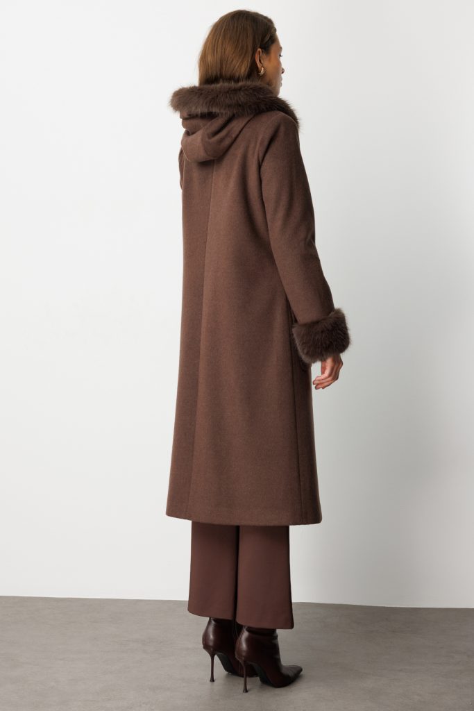 EKOL Yakası Ve Kolları Kürklü Kaşe Kaban 6055 - kahve