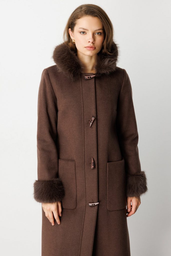 EKOL Yakası Ve Kolları Kürklü Kaşe Kaban 6055 - kahve