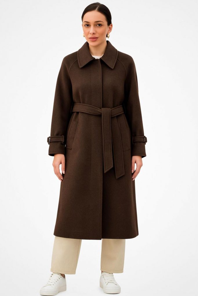 EKOL Kuşaklı Kaşe Manto  6057 - kahve