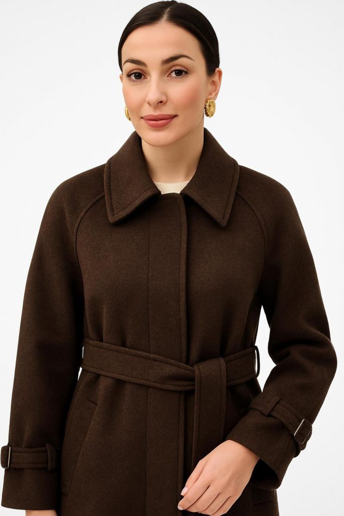 EKOL Kuşaklı Kaşe Manto  6057 - kahve