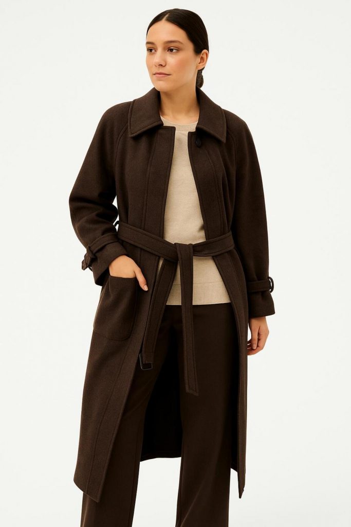 EKOL Kuşaklı Kaşe Manto  6057 - kahve