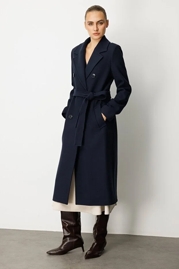 EKOL Beli Kuşaklı Kruvaze Yaka Kaban 6063