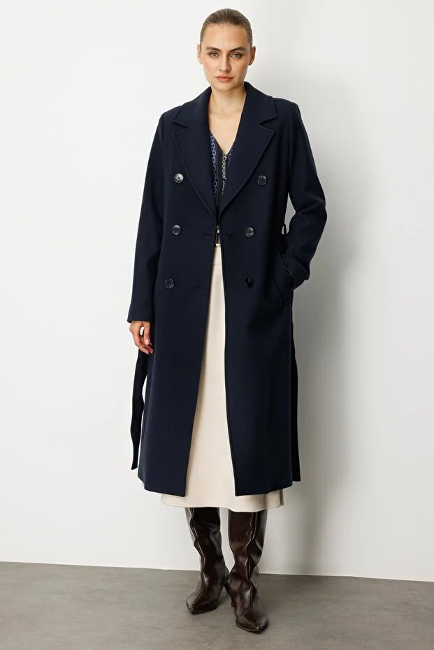 EKOL Beli Kuşaklı Kruvaze Yaka Kaban 6063