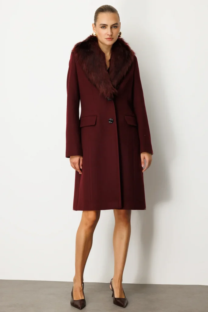 EKOL Yakası Kürklü Kapak Cepli Kaban 6065 - bordo