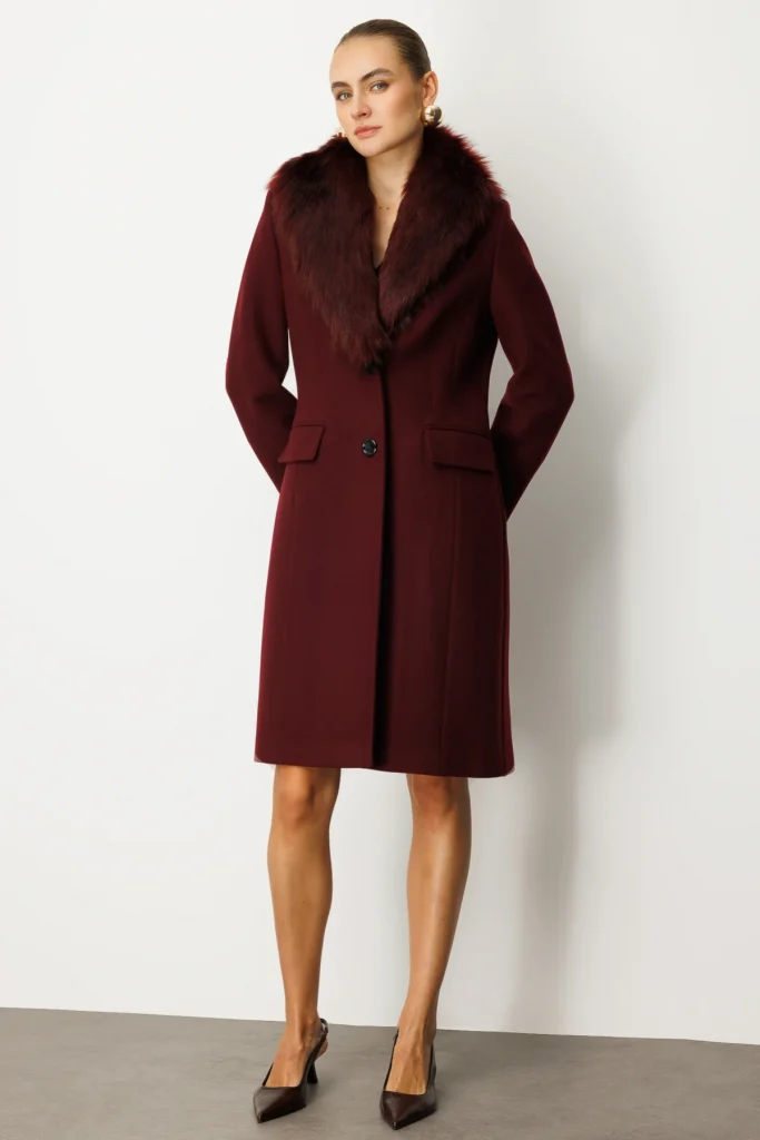 EKOL Yakası Kürklü Kapak Cepli Kaban 6065 - bordo