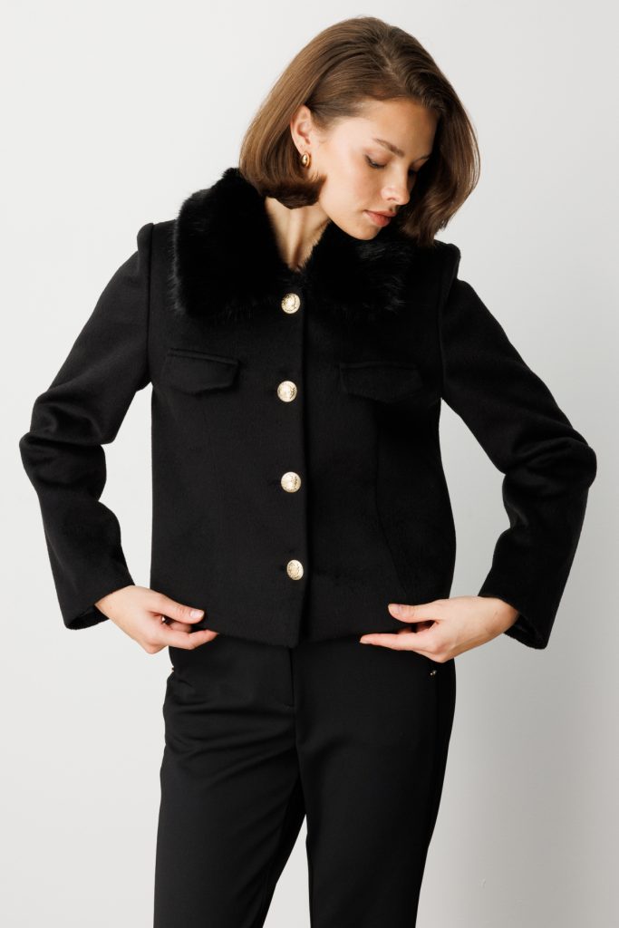 EKOL Yakası Kürklü Kısa Mont 6121 - Siyah