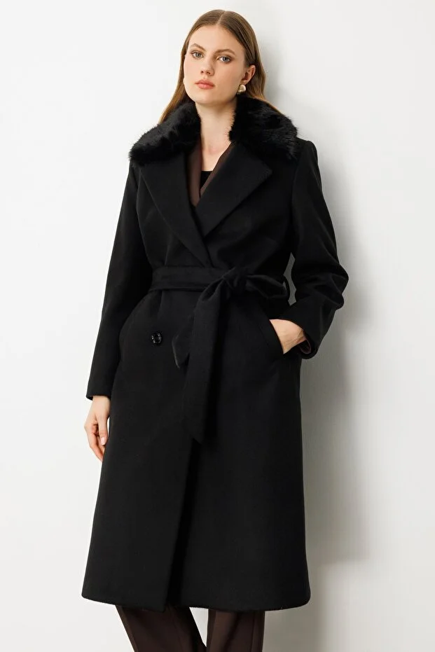 EKOL Yakası Kürklü Beli Kuşaklı Kaban 6311 - Siyah