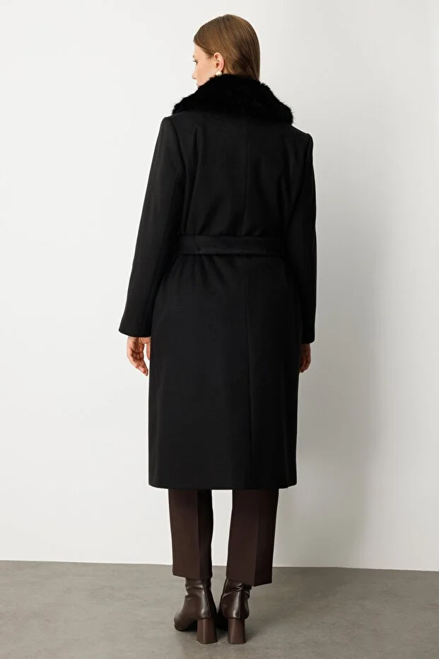 EKOL Yakası Kürklü Beli Kuşaklı Kaban 6311 - Siyah