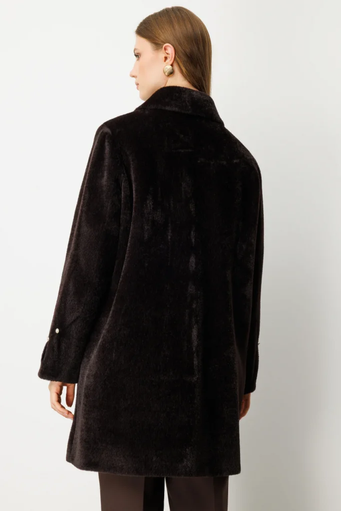 EKOL Büyük Beden Metal Broşlu Peluş Kadın Kaban 6331 - kahve