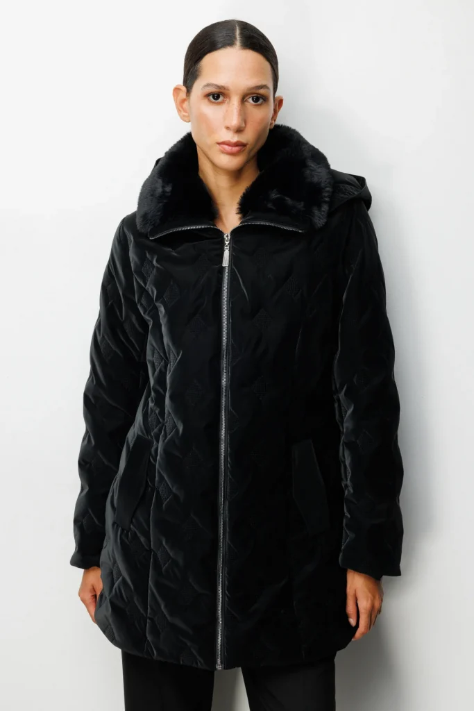 EKOL Yakası Kürklü Desenli Şişme Mont 6619 - Siyah