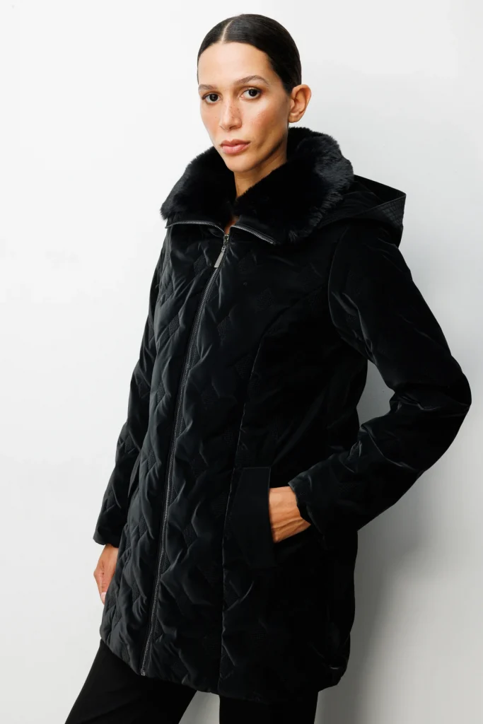 EKOL Yakası Kürklü Desenli Şişme Mont 6619 - Siyah