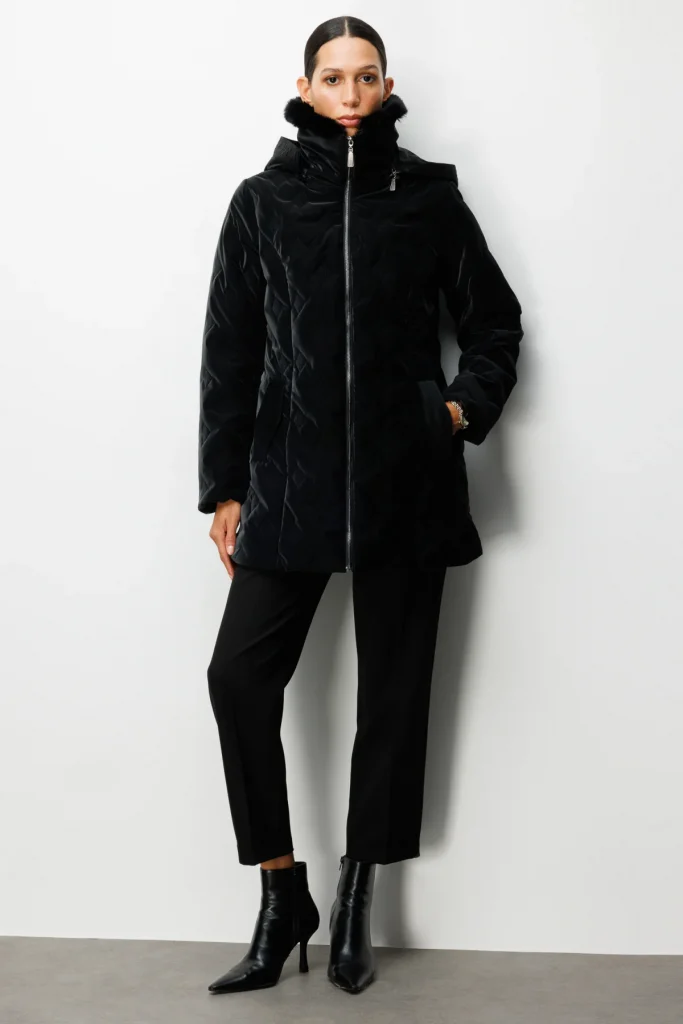 EKOL Yakası Kürklü Desenli Şişme Mont 6619 - Siyah