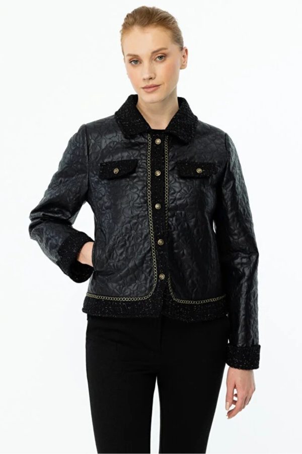 EKOL Kadın Çiçek İşlemeli Simli Mont 6011