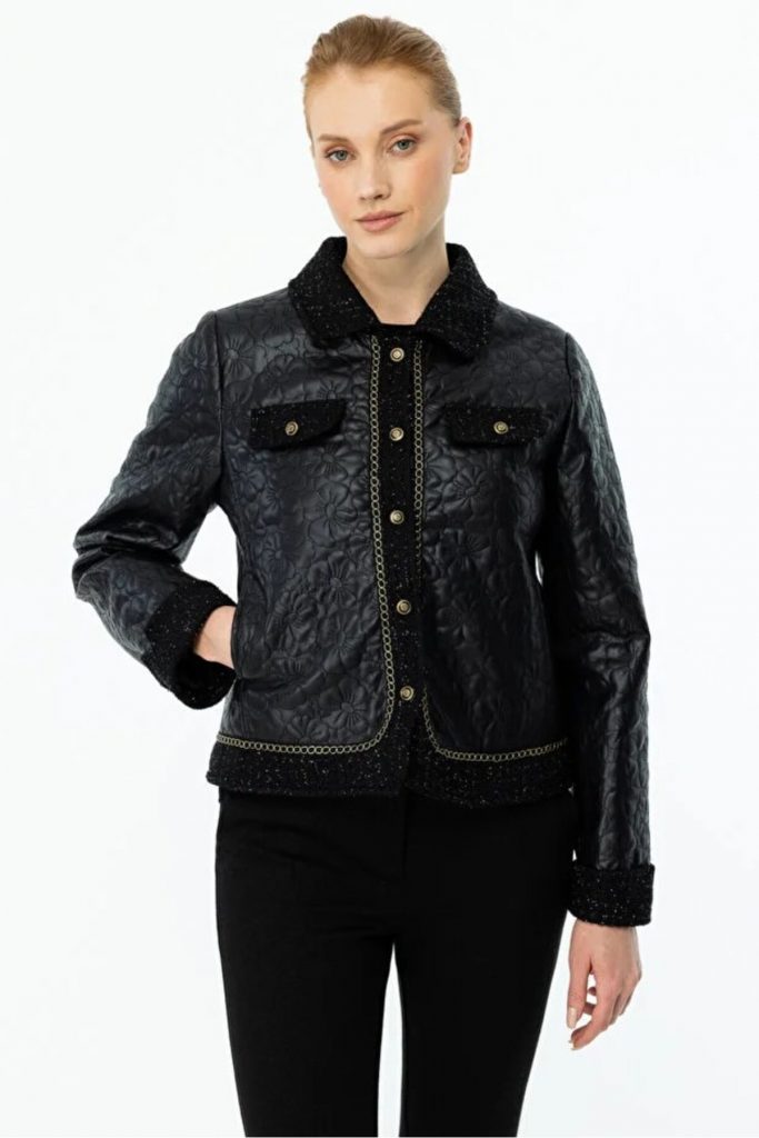 EKOL Kadın Çiçek İşlemeli Simli Mont 6011 - Siyah