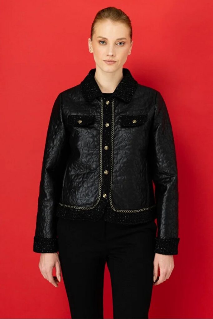 EKOL Kadın Çiçek İşlemeli Simli Mont 6011