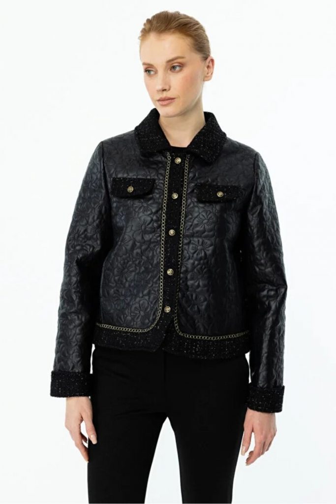 EKOL Kadın Çiçek İşlemeli Simli Mont 6011