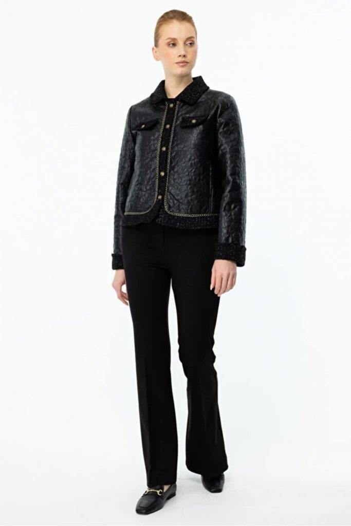 EKOL Kadın Çiçek İşlemeli Simli Mont 6011 - Siyah