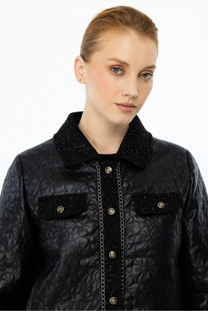 EKOL Kadın Çiçek İşlemeli Simli Mont 6011 - Siyah