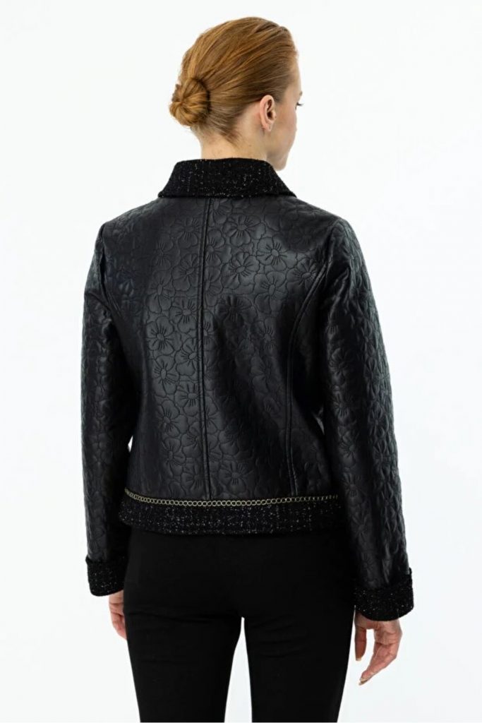 EKOL Kadın Çiçek İşlemeli Simli Mont 6011 - Siyah