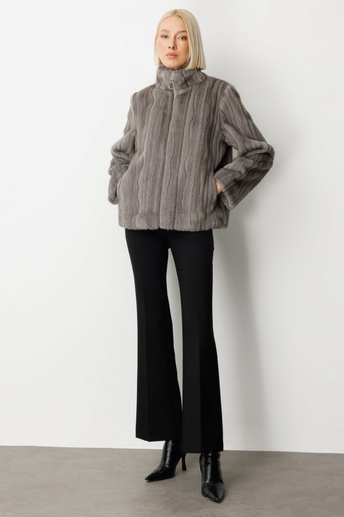 EKOL Çizgili Peluş Mont 8009 - ANTRASİT