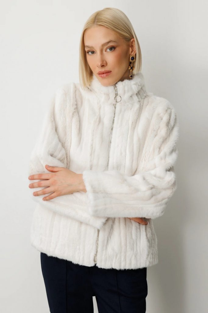 EKOL Çizgili Peluş Mont 8009 - EKRU