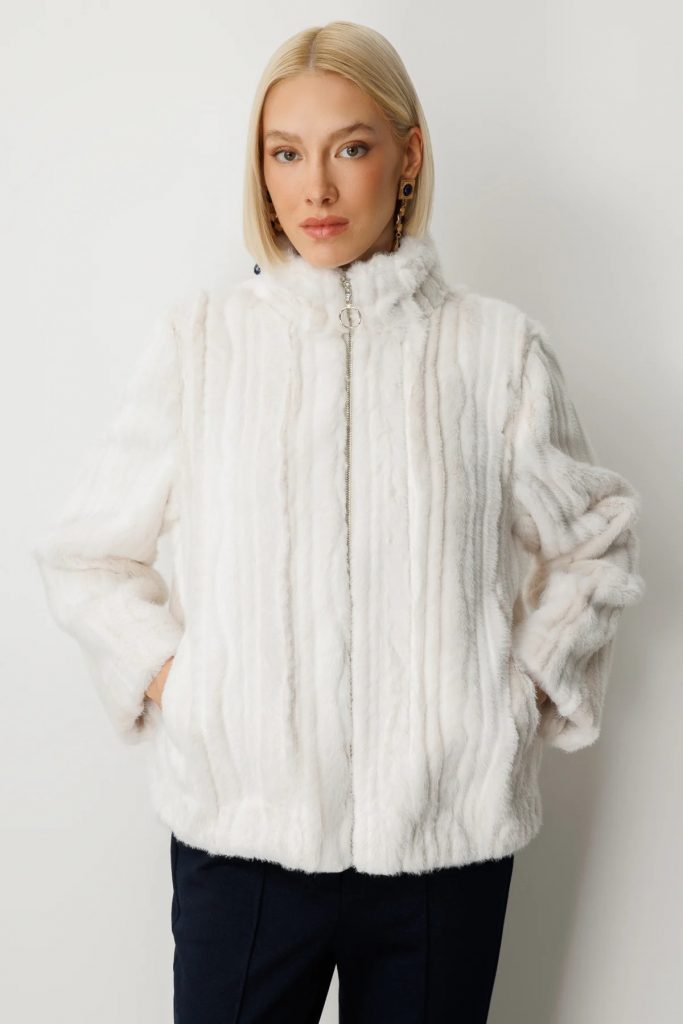 EKOL Çizgili Peluş Mont 8009 - EKRU